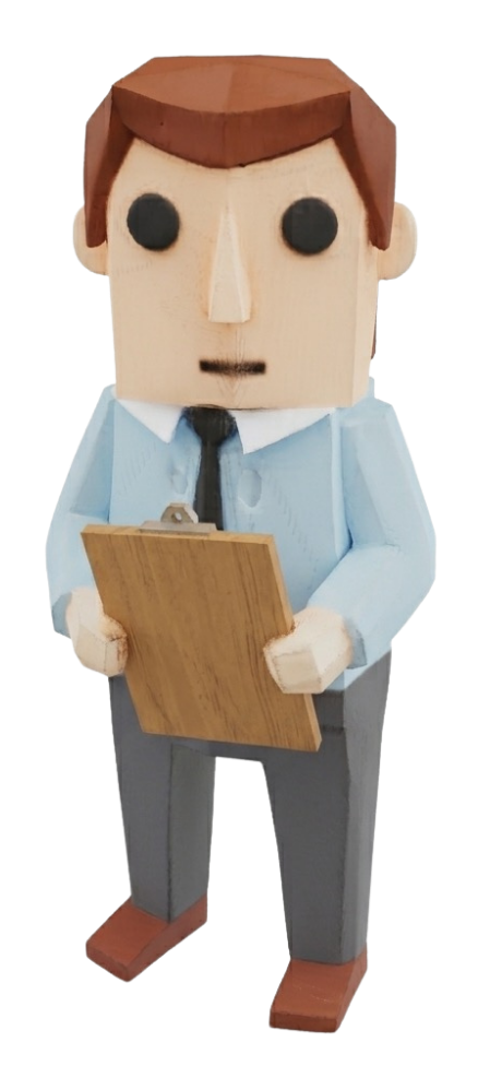 Hardly Working Corp. mascot — a wooden-toy office worker holding a clipboard
